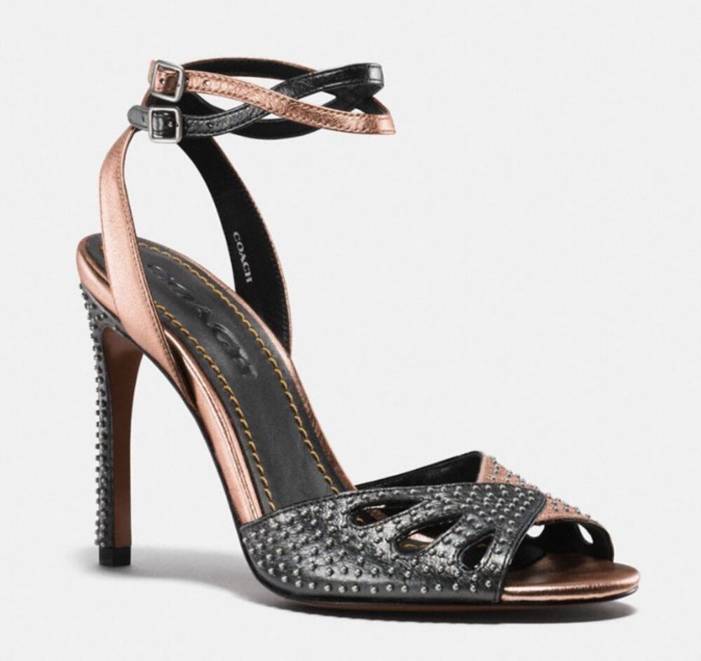 Coach Heels G2000 Prairie Rivets Stiletto Sandal WMNS 10 Black Rose Gold Leather